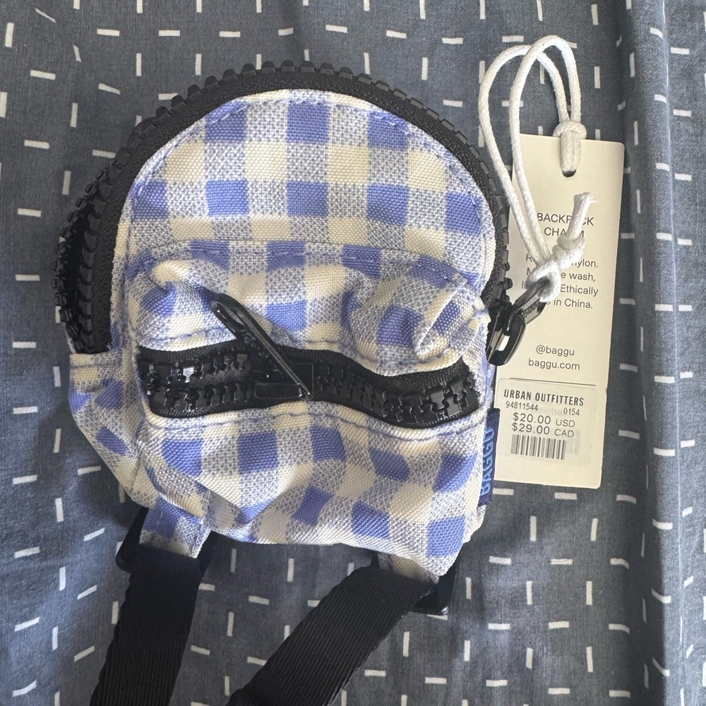 NWT Baggu Pansy Blue Gingham Mini Backpack Charm